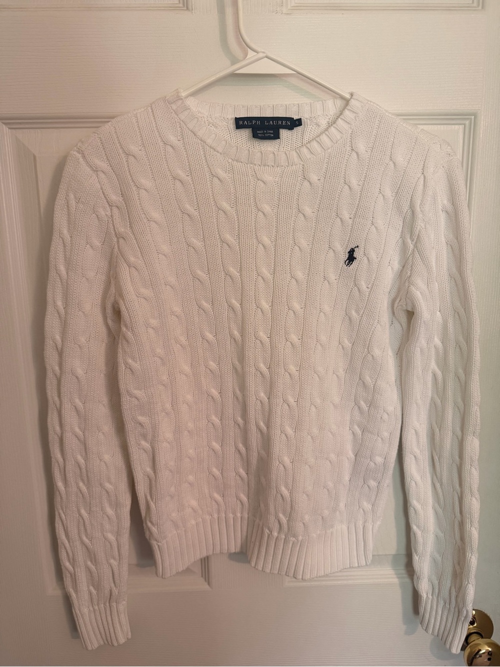 Ralph Lauren White Cable-Knit Crewneck Sweater